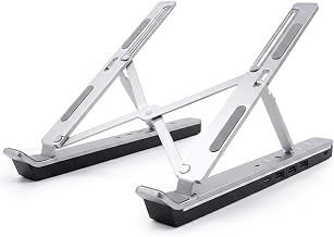 Portable Laptop Stand for Desk, Laptop Docking Station with 4 USB Ports, Multiport USBC Dock Stands Foldable Adjustable Computer Riser Holder, RGB Lighting (Sliver, Without Lights)