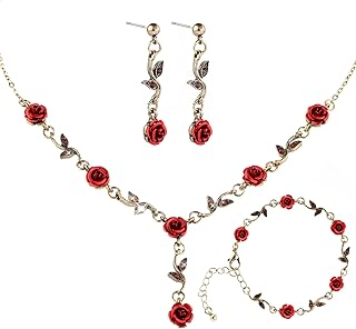 3Pcs Set Red Rose Jewelry - Rose Flower Pendant Necklace, Bracelet Dangle Earrings. Bracelet Flower Jewelry Dangle Earrings Set For Valentine's Day, Mother's Day, Birthday Gifts