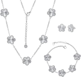 Clover Neckalce Bracelet Earring Set for Women 14K Gold Plated Stainless Steel Four Leaf Clover Jewelry Set