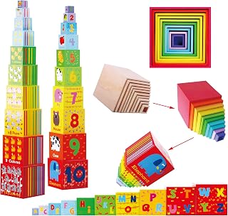 TOWO Wooden Stacking Boxes-Nesting and Sorting Cups Numbers Alphabet Animals Blocks for Toddlers-Stacking Cubes Educational Toys for 2 Years Old Montessori Materials