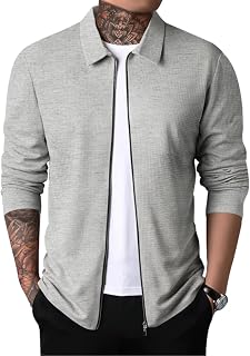 Men Casual Cardigan Sweaters Laydown Collar Zipper Closure Solid Color Long Sleeve Waffle Jackets