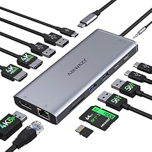 USB C Docking Station 3 Monitors USBC Hub Laptop Dual Monitor Multiport Adapter Dock Dongle,USBC to 2 HDMI,4K DisplayPort,PD Charging,Ethernet,7 USB-C/A Ports,SD/TF,Audio for Dell/HP/Lenovo