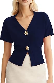 Cardigan Sweaters for Women V Neck Short Sleeve Gold Snap Button Knitted Sweater Trendy Tops