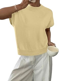 Womens Cap Sleeve Sweaters Summer Casual Short Sleeve Knit Tank Tops Loose Fit Crew Neck Pullover