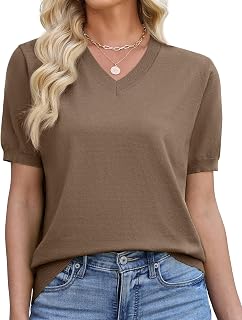 Womens Elegant Sweater Summer Fashion V Neck Short Sleeve Lightweight Knit Tops Dressy Business Casual Shirts