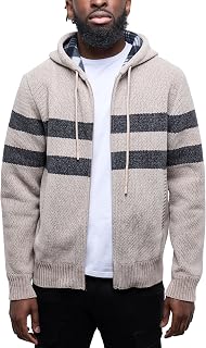 Mens Zip Up Plaid Lined Knit Cardigan Hooded Sweater, Full Zip Classic Fit Sweater with Stripes & Lining