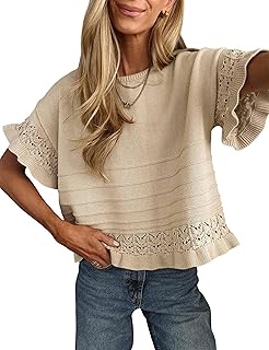 Womens Short Sleeve Sweater Round Neck Ruffled Hem Knit Crochet Pullover Summer Fall Casual Top Blouse