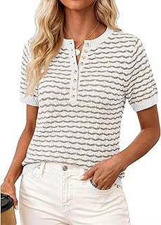 Womens Knit Summer Tops Button Short Sleeve Sweater Casual Crewneck Chevron Henley Shirts Dressy Work Blouses
