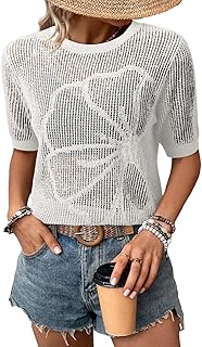 Womens Summer Short Sleeve Crochet Tops Hollow Out Floral Sweaters Beach Vacation Cruise Outfits