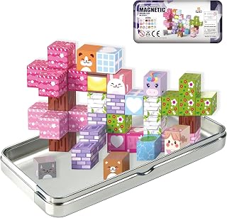 Magnetic Building Blocks 40pcs Animal Cubes Kids Ages 3-8 STEM | Animal-themed magnetic cubes with cats bears unicorns.Educational gift. Storage case included. Screen-free learning toys.