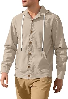Men's Casual Hooded Button-Up Jacket, Lightweight Drawstring Outerwear for Daily & Smart Casual Wear