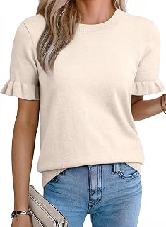 Women's Wool Blend Short Puff Sleeve Sweater Knit Tops 2026 Trendy Crewneck Casual Summer Clothes