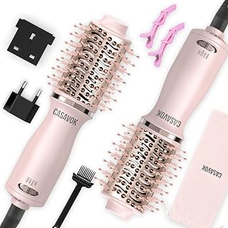 Dual Voltage Hair Dryer Brush for Travel, 4 in 1 Mini Hot Air Brush Blow Dryer Brush for Short Hair, 2 Inch Oval Curling Straightener Volumizer, 120-240V Dual Voltage with EU/UK Adapters, Pink