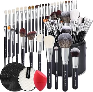 Bueart Design Pro makeup Artist 34Pcs Deluxe Real Goat Hair Horse hair Makeup Brushes Set with extra Large Holder High End Professional labeled makeup brush set with natural Pony Hair
