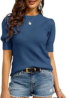 Womens Puff Short Sleeve Sweater Casual Summer Crew Neck Pullover Tops Ribbed Knit Sweater Blouse