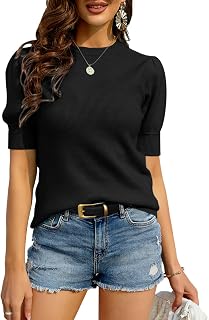 Womens Puff Short Sleeve Sweater Casual Summer Crew Neck Pullover Tops Ribbed Knit Sweater Blouse