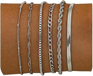 6Pcs Gold Bracelets for Women 14K Gold Plated Stainless Steel Chain Bracelets Stackable Paperclip Satellite Figaro Box Rope Herring bone Link Bracelets Jewelry Sets 6.5 Inches Silver Gold Tone