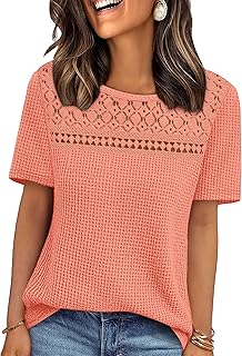 Womens Tops Dressy Casual Short Sleeve Shirts Boho Crochet Lace Waffle Knit Plus Size Fashion Clothing