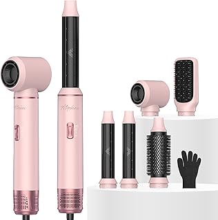 Atopskins 5 in 1 Hair Dryer Brush Set, Detachable Hot Air Styler, Blow Dryer Brush, 3 Heat Settings Auto Curling Wrap Styler, Ionic Hair Styling Tools - Straighten Curl Dry Volumize Smooth (Pink)