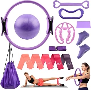Pilates Essentials Kit for Women, 14 Pcs Home Workout Equipment with Pilates Circle Ball Ring Set Resistance Bands and Anti Slip Sock, Yoga Pilate Essentials Accessories