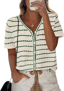 Women's Short Sleeve Sweater Spring Summer Crochet Knit Tops 2026 V Neck Striped Button Down Dressy Casual Blouses