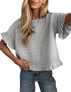 Womens Short Sleeve Sweater Round Neck Ruffled Hem Knit Crochet Pullover Summer Fall Casual Top Blouse