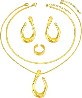 5PCS Gold Plated Jewelry Set for Women Valentine Anniversary Birthday Friendship Holiday Gift,Stainless Steel Necklace Earrings Ring Set