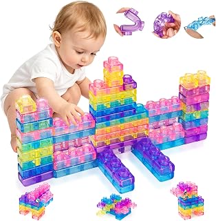 56PCS Gummy Soft Blocks Squish Toys for Toddlers Age 3+,Montessori Sensory Building Block Kids Can Squeeze,Stretch Stacking Construction Autism Toys,Birthday Gifts for Girls Boys