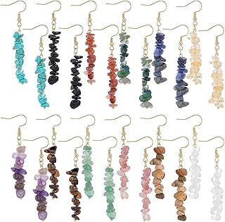 12 Pairs Stainless Steel Natural Stone Beaded Dangle Earrings Crystal Drop Hook Earring Lightweight Colorful Chakra Gemstone Earring for Women Jewelry Gifts