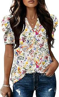 Spring Summer Tops for Women 2026 V Neck Puff Short Sleeve Tops Fashion Trendy Work Blouses Dressy Casual S-XXL